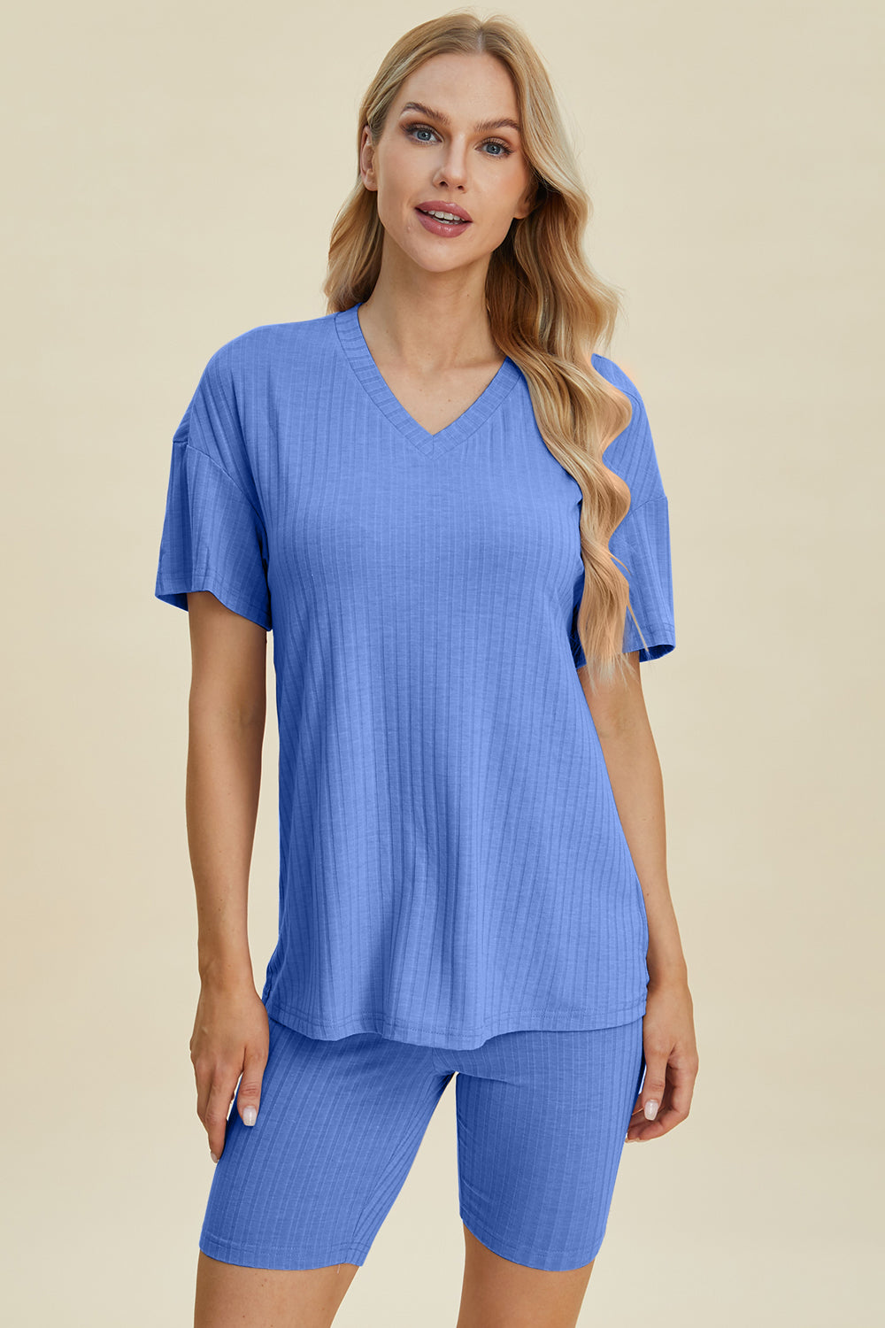 Basic Bae Full Size Ribbed V-Neck Short Sleeve Top and Shorts Set - Velora Luxury Fashion