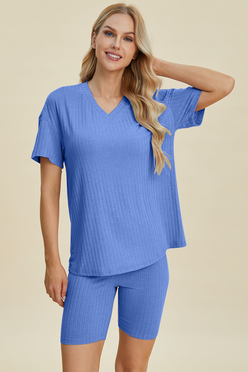 Basic Bae Full Size Ribbed V-Neck Short Sleeve Top and Shorts Set - Velora Luxury Fashion