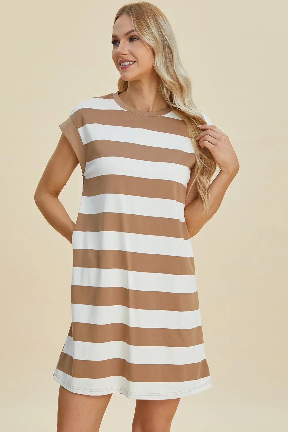 Basic Bae Full Size Striped Round Neck Cap Sleeve Mini Dress - Velora Luxury Fashion