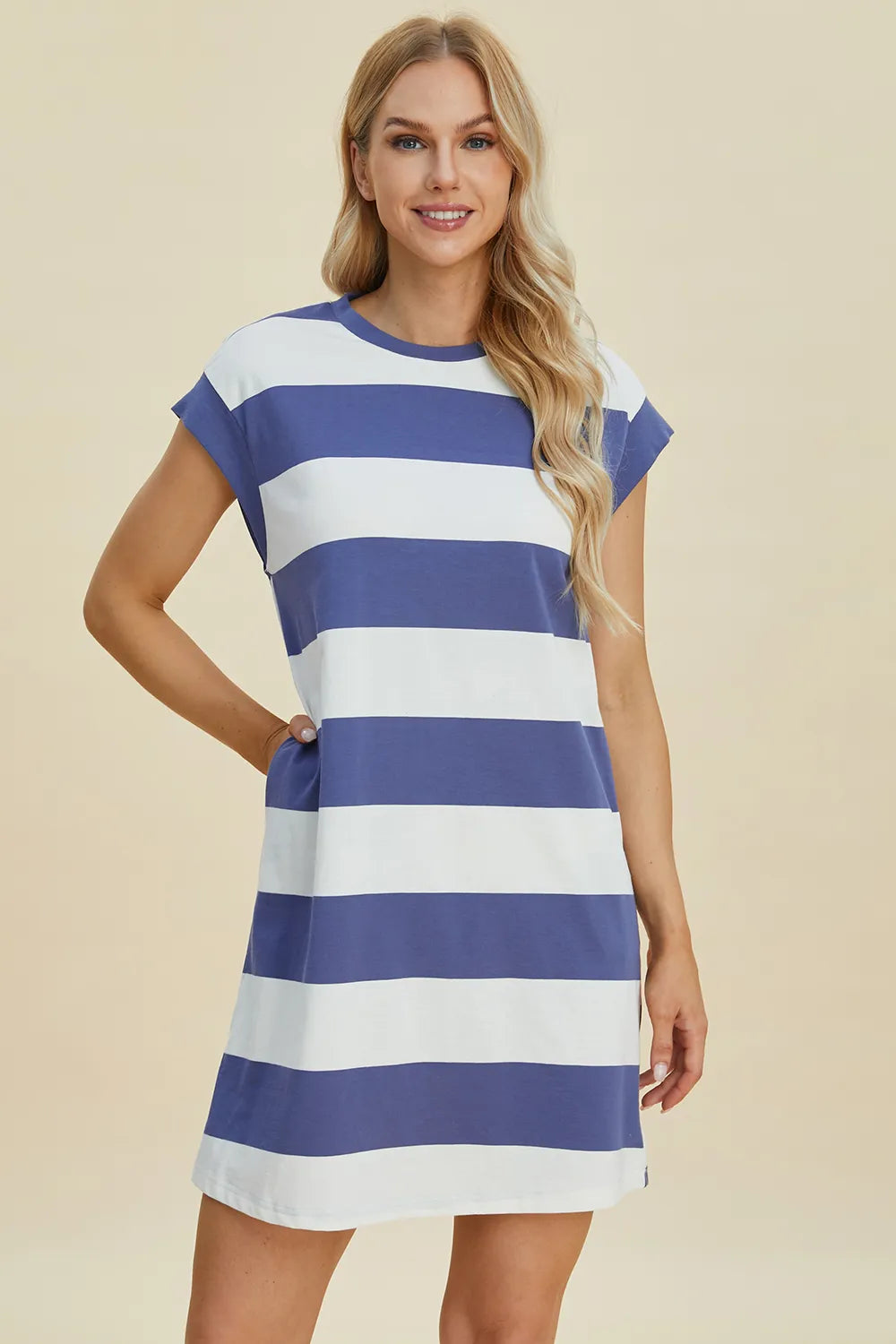 Basic Bae Full Size Striped Round Neck Cap Sleeve Mini Dress - Velora Luxury Fashion