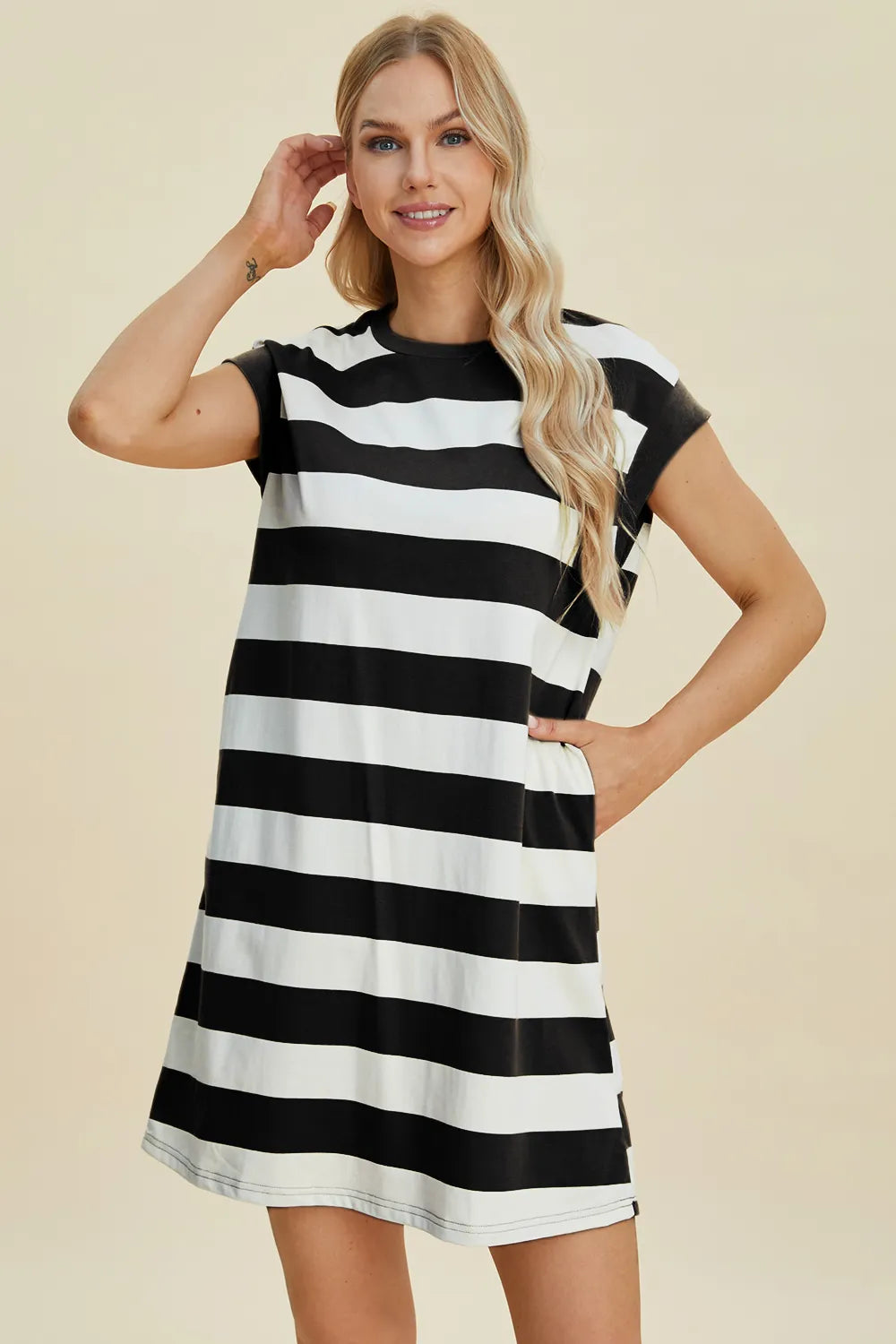 Basic Bae Full Size Striped Round Neck Cap Sleeve Mini Dress - Velora Luxury Fashion