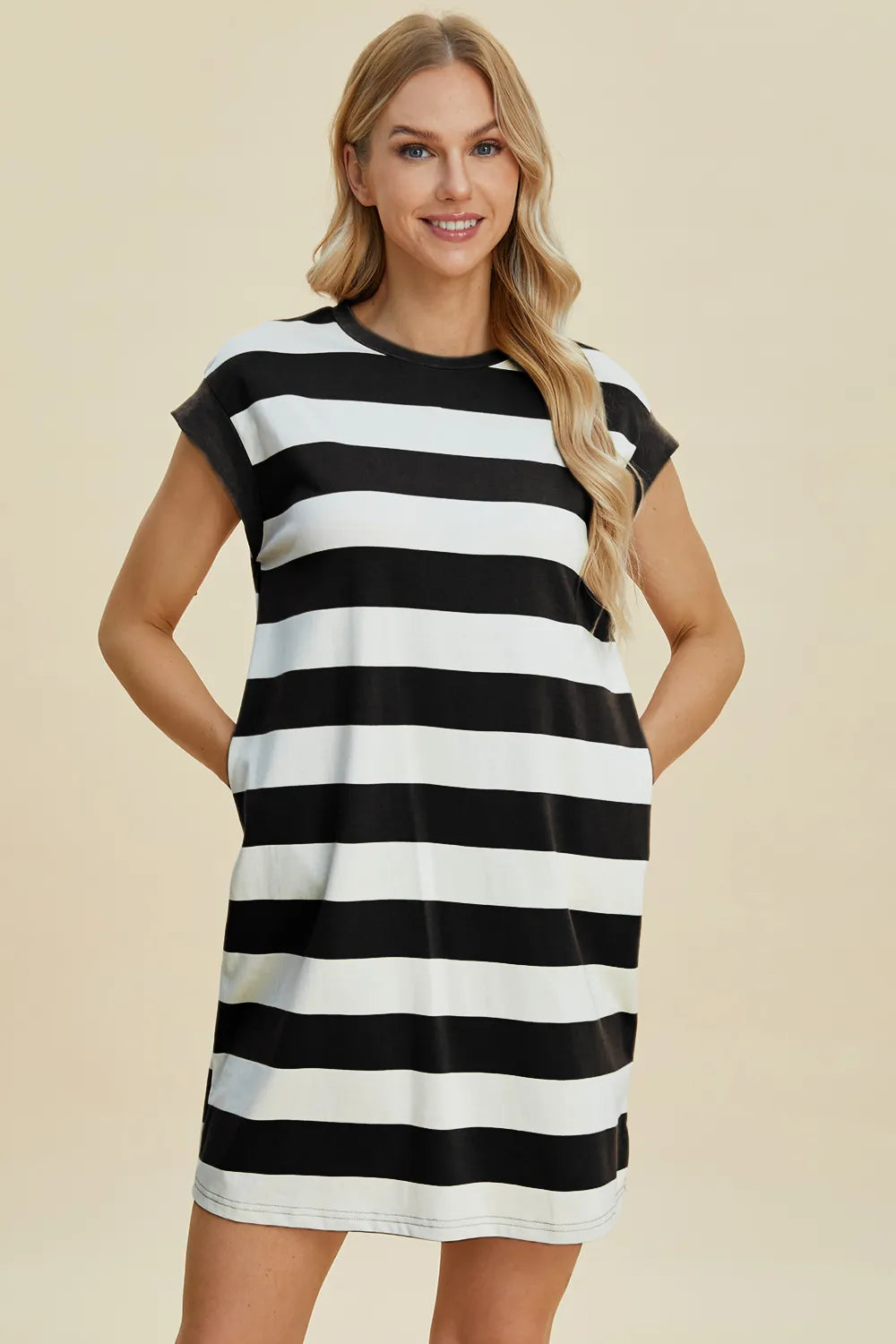 Basic Bae Full Size Striped Round Neck Cap Sleeve Mini Dress - Velora Luxury Fashion