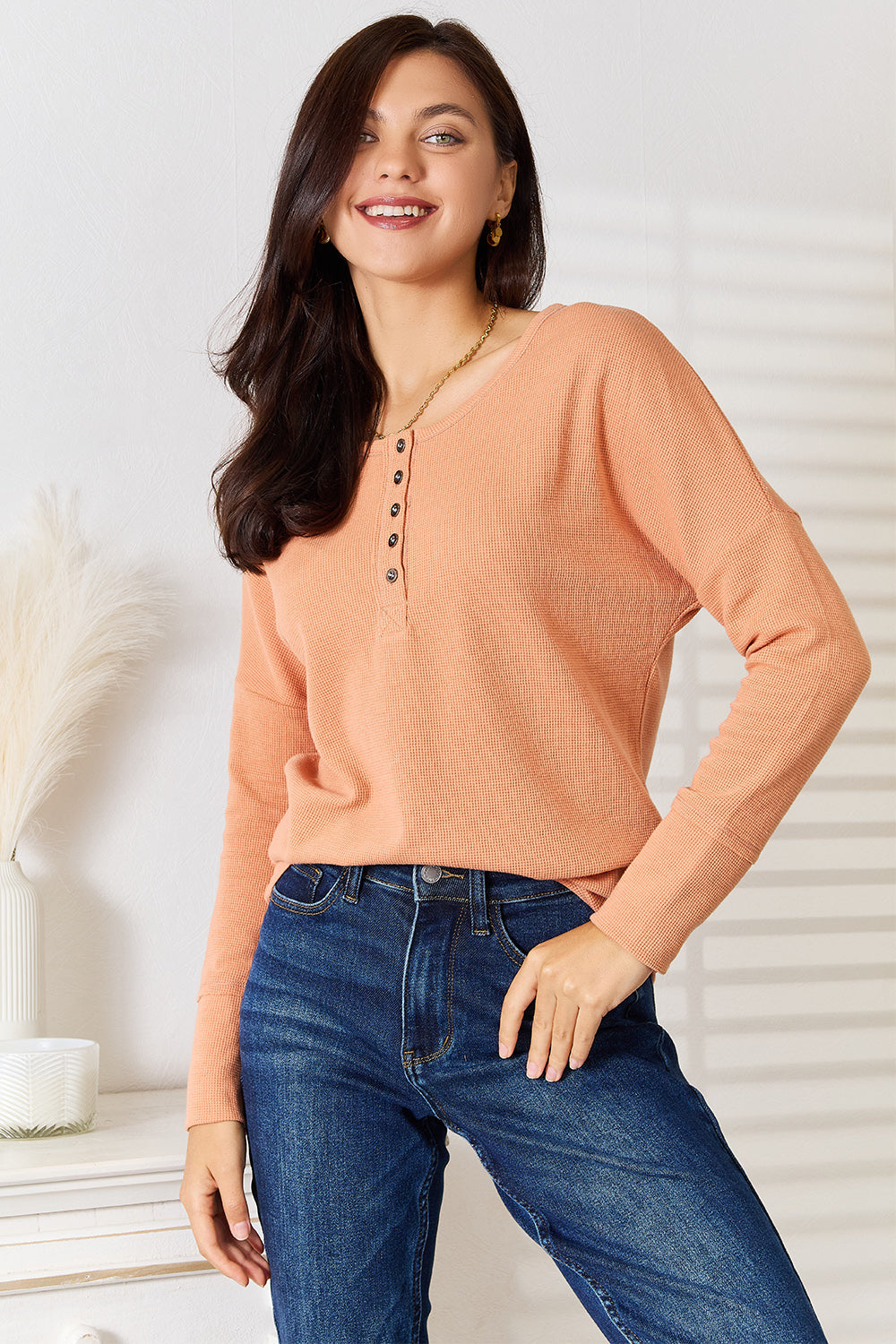 Basic Bae Half Button Long Sleeve Top - Velora Luxury Fashion