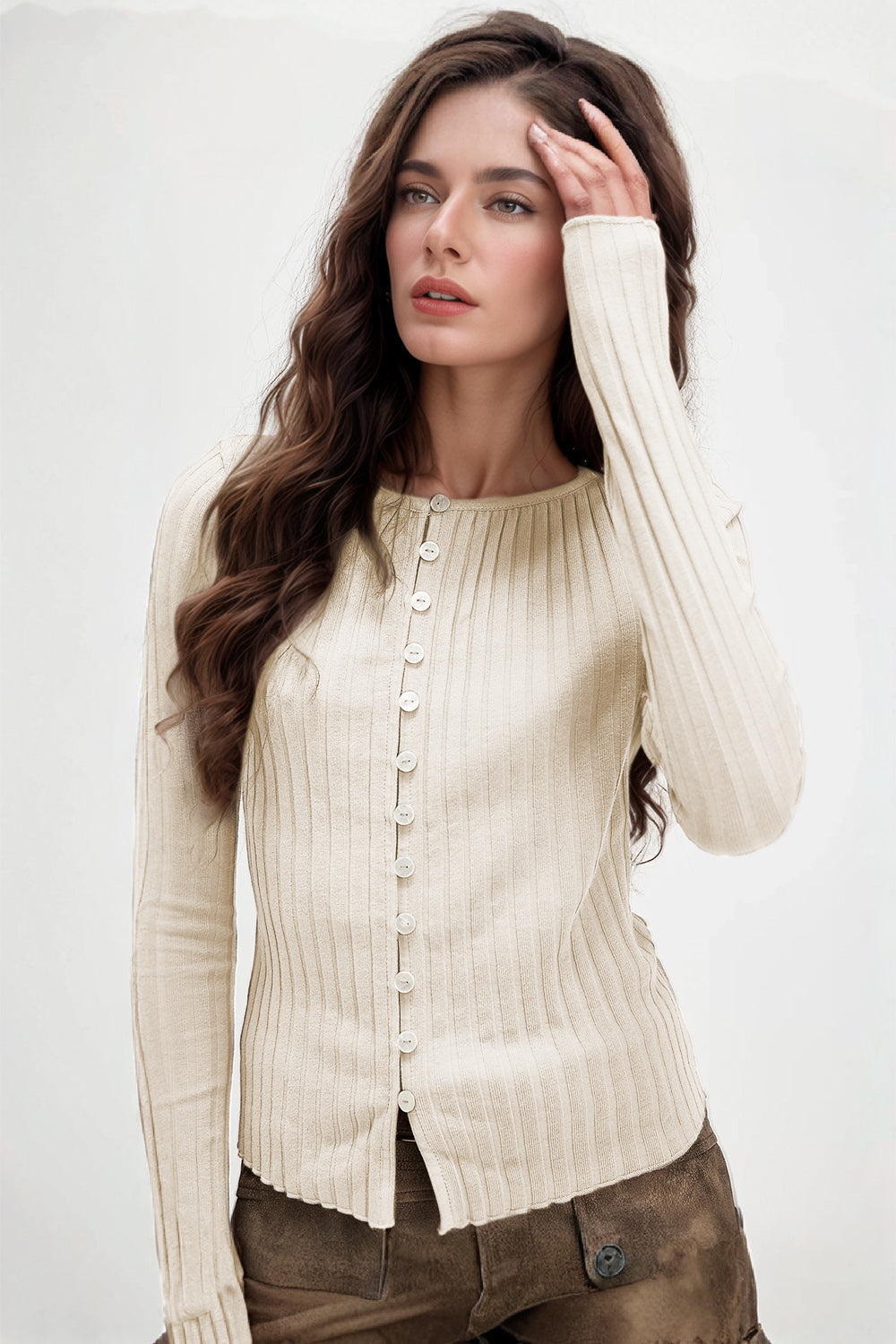 Basic Bae Texture Button Up Round Neck Long Sleeve Top - Velora Luxury Fashion