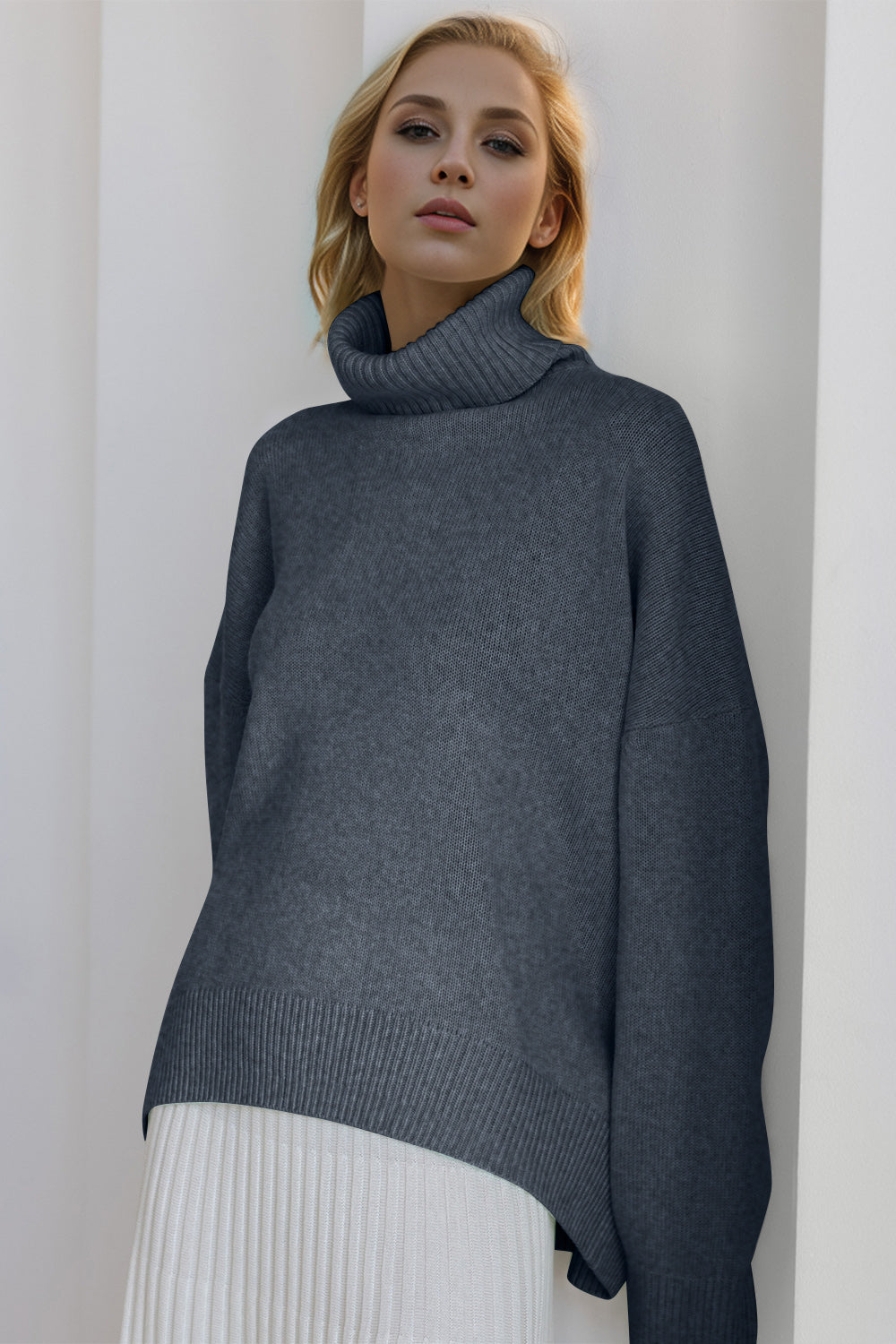Basic Bae Turtleneck Dropped Shoulder Long Sleeve Sweater - Velora Luxury Fashion