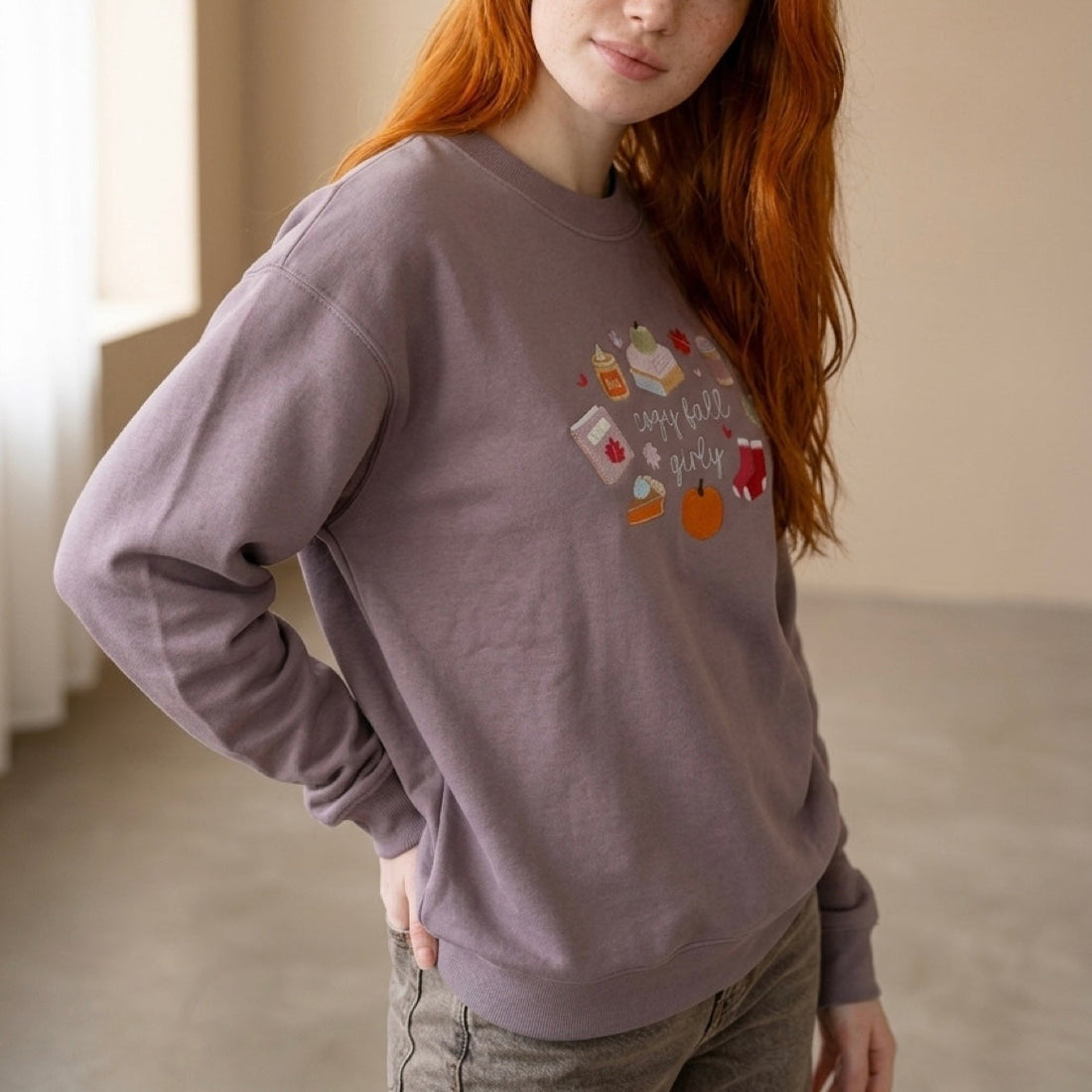 Cozy Fall Girly Embroidered Crewneck Sweatshirt