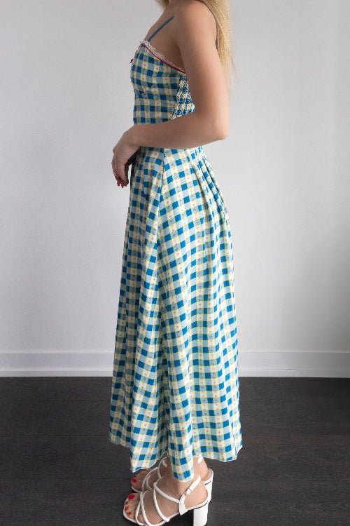 Retro Gingham Midi Dress with Red Bow