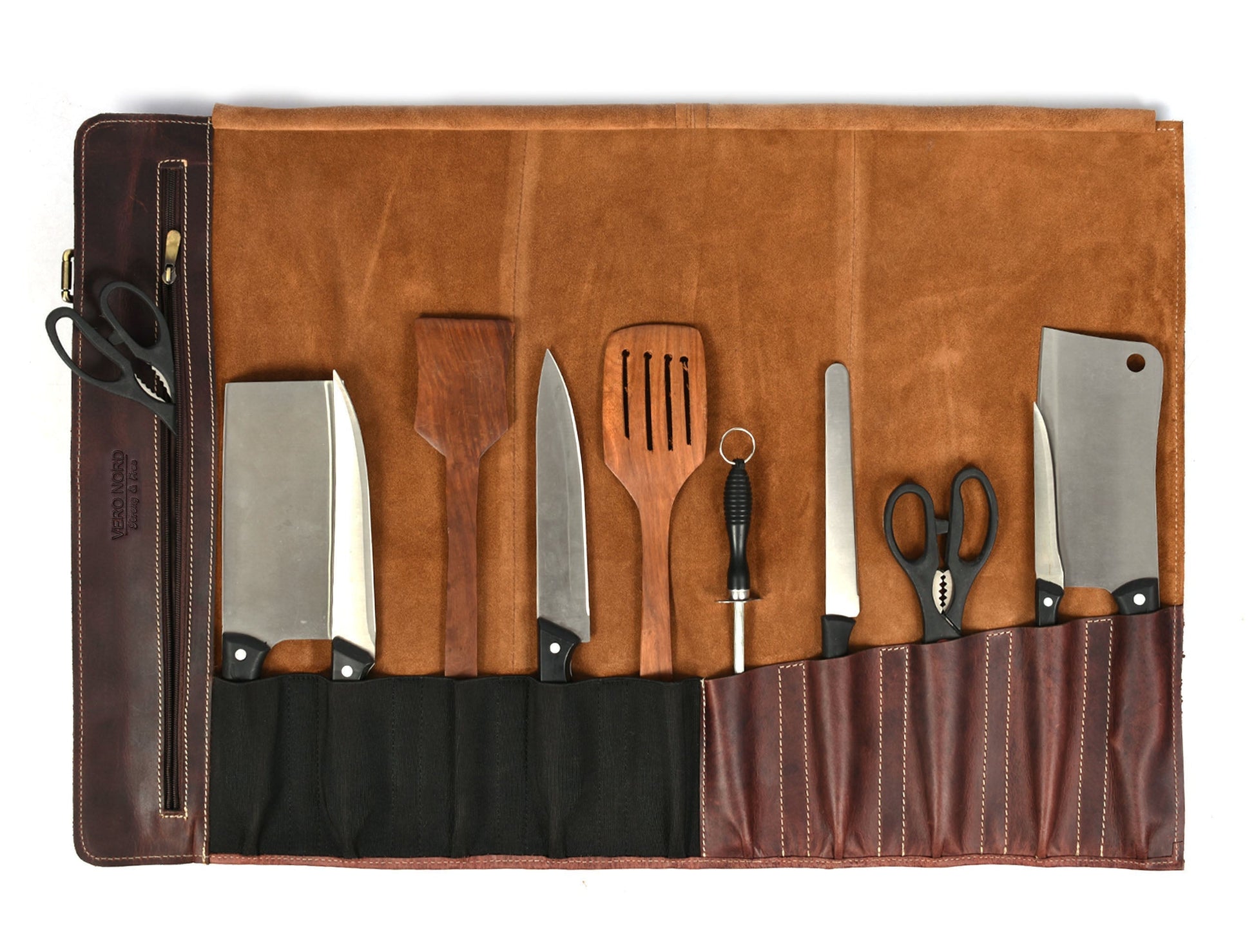 Bend Leather Chef Knife Roll 10 Slot - Walnut Brown - Velora Luxury Fashion