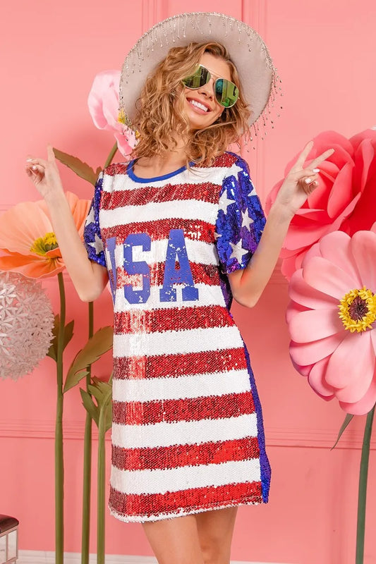BiBi American Flag Theme Usa Print Sequin Dress - Velora Luxury Fashion