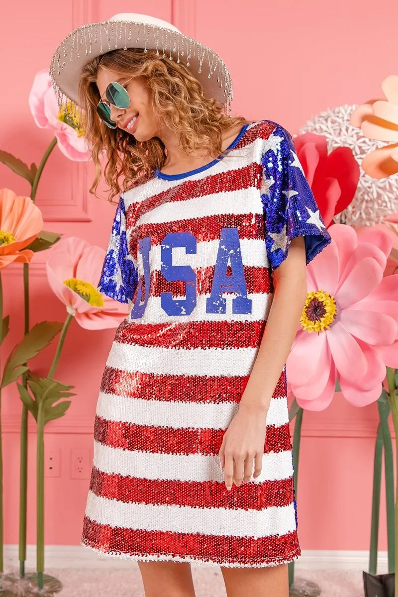 BiBi American Flag Theme Usa Print Sequin Dress - Velora Luxury Fashion