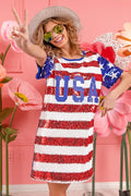BiBi American Flag Theme Usa Print Sequin Dress - Velora Luxury Fashion