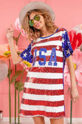 BiBi American Flag Theme Usa Print Sequin Dress - Velora Luxury Fashion