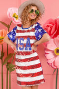 BiBi American Flag Theme Usa Print Sequin Dress - Velora Luxury Fashion