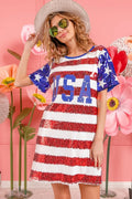 BiBi American Flag Theme Usa Print Sequin Dress - Velora Luxury Fashion