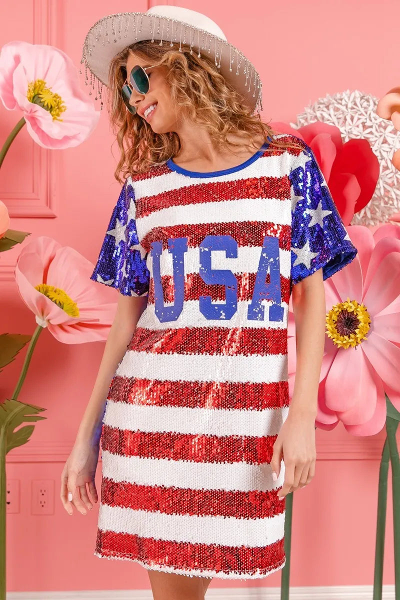 BiBi American Flag Theme Usa Print Sequin Dress - Velora Luxury Fashion