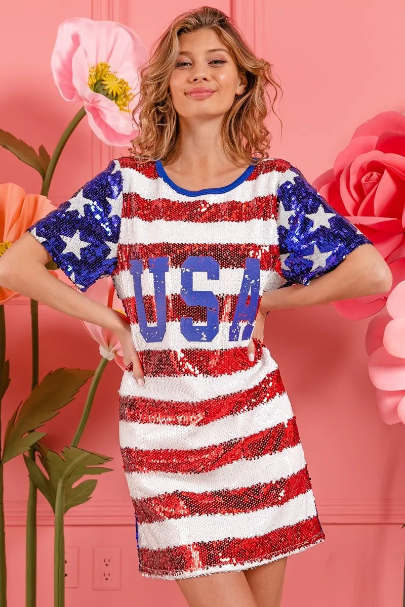 BiBi American Flag Theme Usa Print Sequin Dress - Velora Luxury Fashion