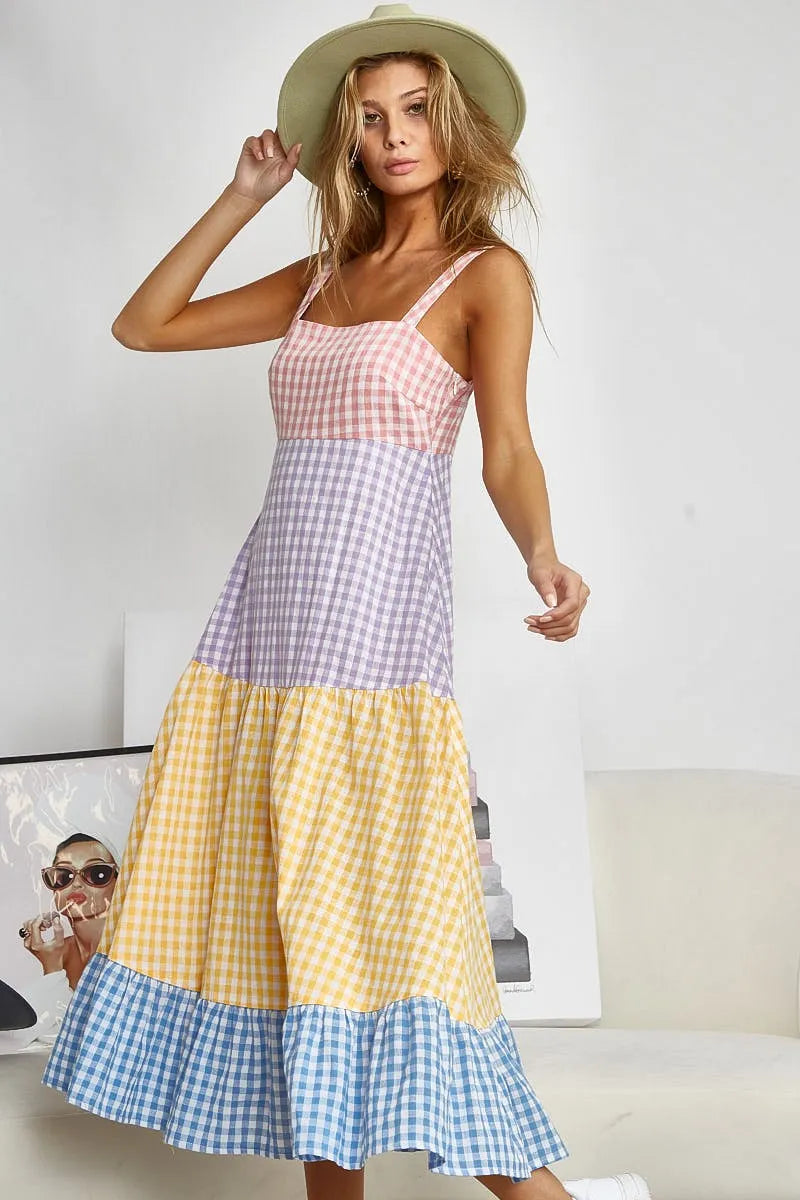 BiBi Color Block Tiered Gingham Dress - Velora Luxury Fashion