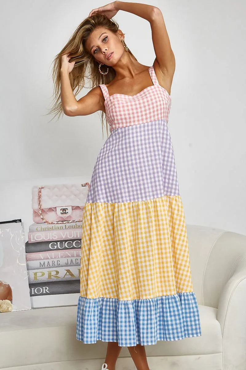 BiBi Color Block Tiered Gingham Dress - Velora Luxury Fashion