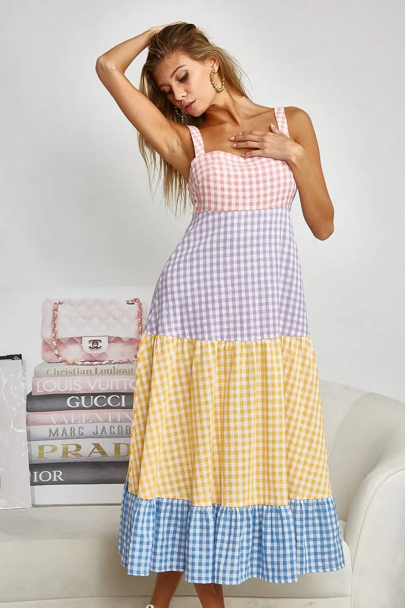 BiBi Color Block Tiered Gingham Dress - Velora Luxury Fashion