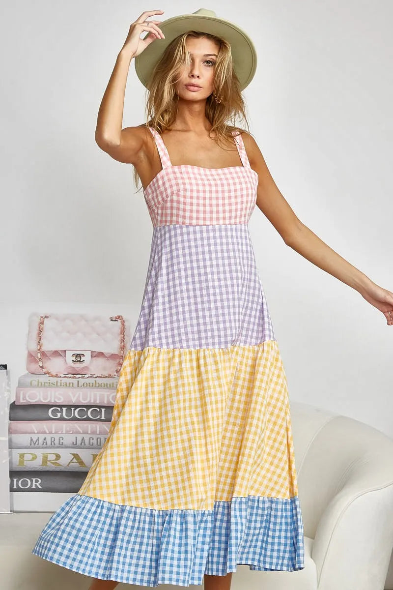 BiBi Color Block Tiered Gingham Dress - Velora Luxury Fashion