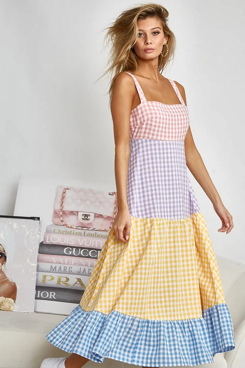 BiBi Color Block Tiered Gingham Dress - Velora Luxury Fashion