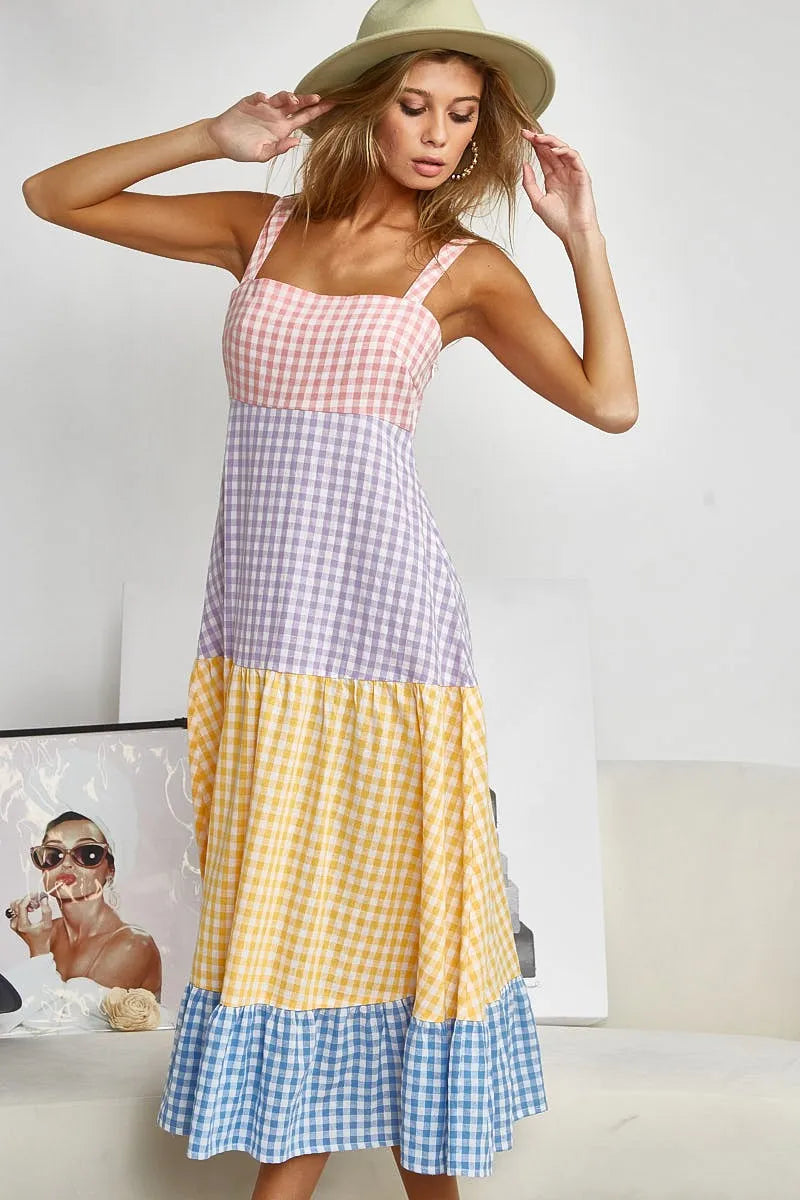 BiBi Color Block Tiered Gingham Dress - Velora Luxury Fashion
