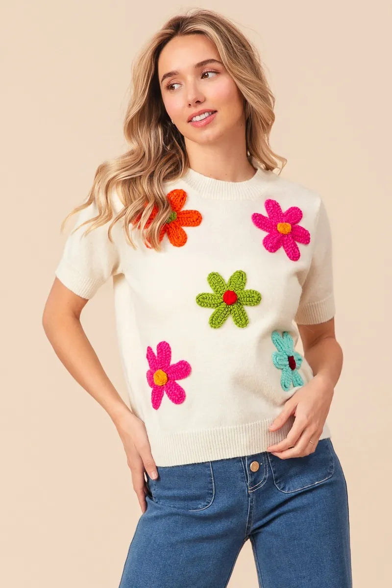 BiBi Crochet Flower Patch Sweater Top - Velora Luxury Fashion