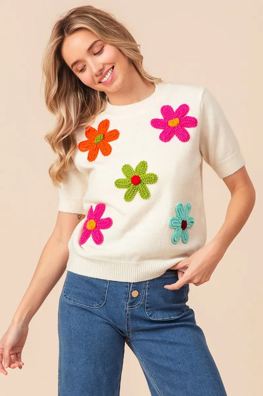 BiBi Crochet Flower Patch Sweater Top - Velora Luxury Fashion