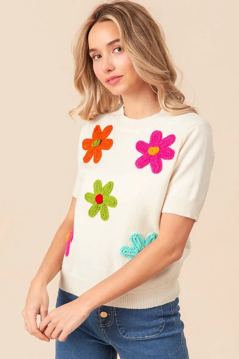 BiBi Crochet Flower Patch Sweater Top - Velora Luxury Fashion
