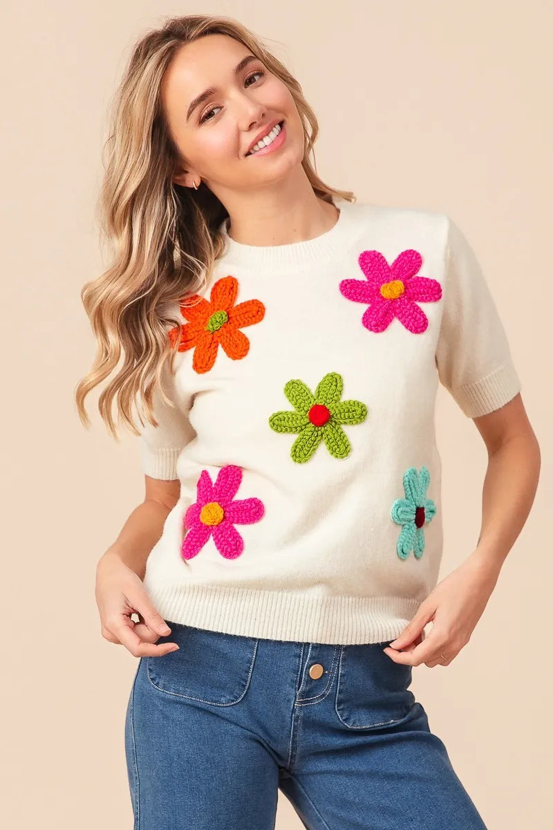 BiBi Crochet Flower Patch Sweater Top - Velora Luxury Fashion