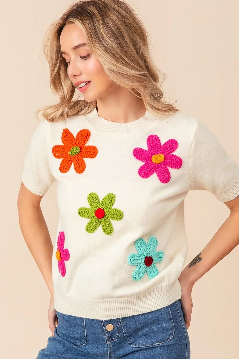 BiBi Crochet Flower Patch Sweater Top - Velora Luxury Fashion