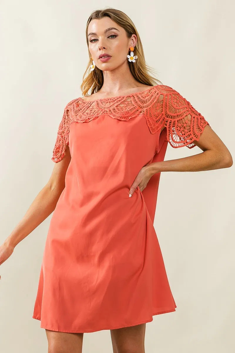 BiBi Crochet Lace Yoke Detailed Wrinkled Dress - Velora Luxury Fashion