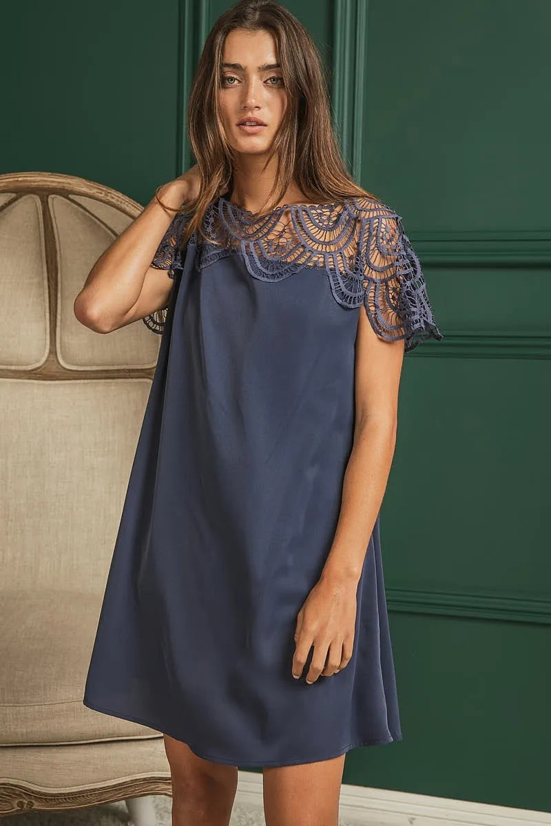 BiBi Crochet Lace Yoke Detailed Wrinkled Dress - Velora Luxury Fashion