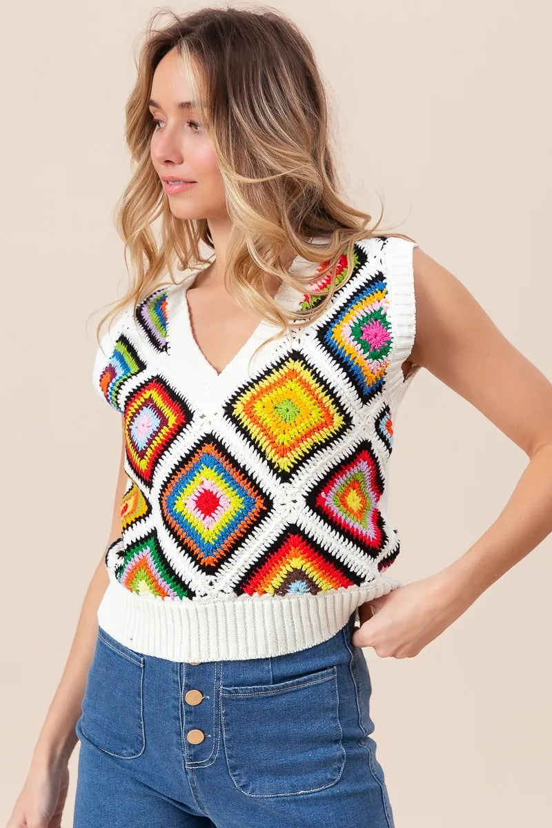 BiBi Diamond Granny Square Sweater Vest - Velora Luxury Fashion