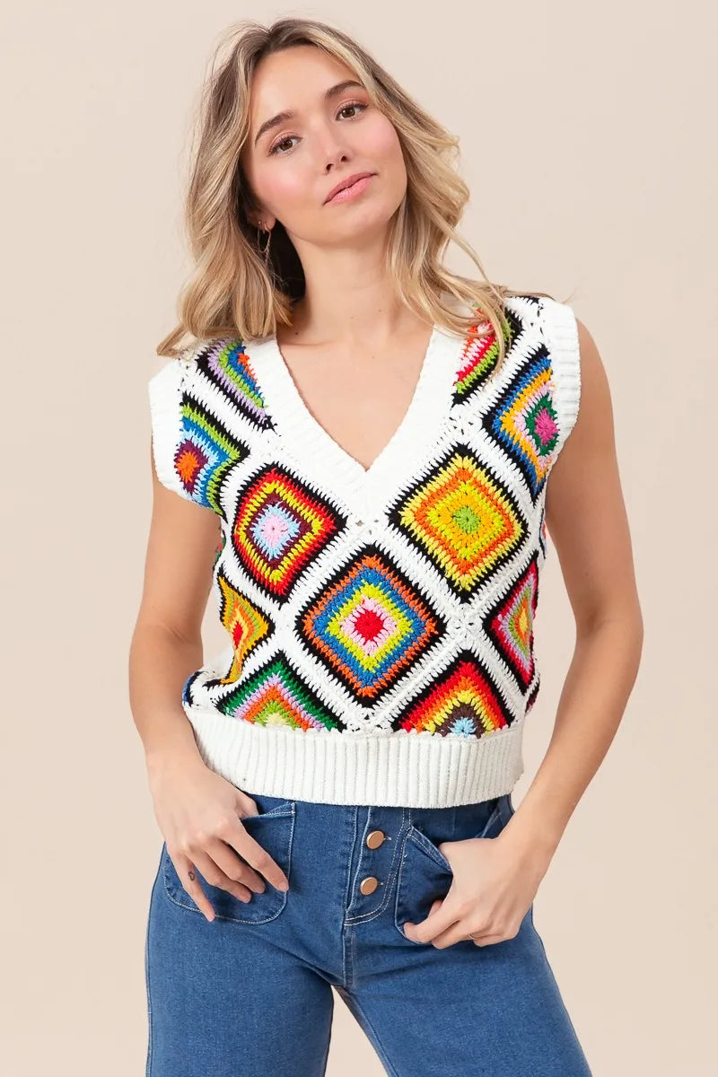 BiBi Diamond Granny Square Sweater Vest - Velora Luxury Fashion