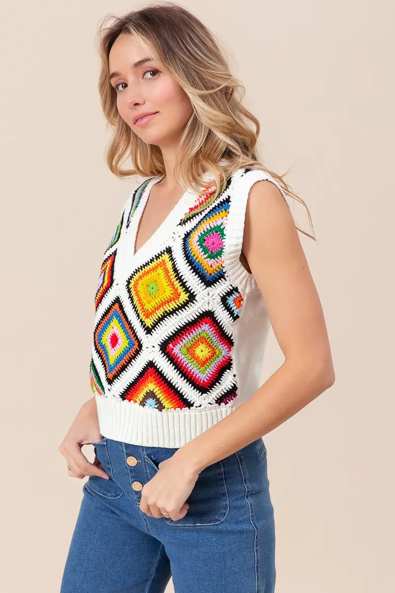 BiBi Diamond Granny Square Sweater Vest - Velora Luxury Fashion
