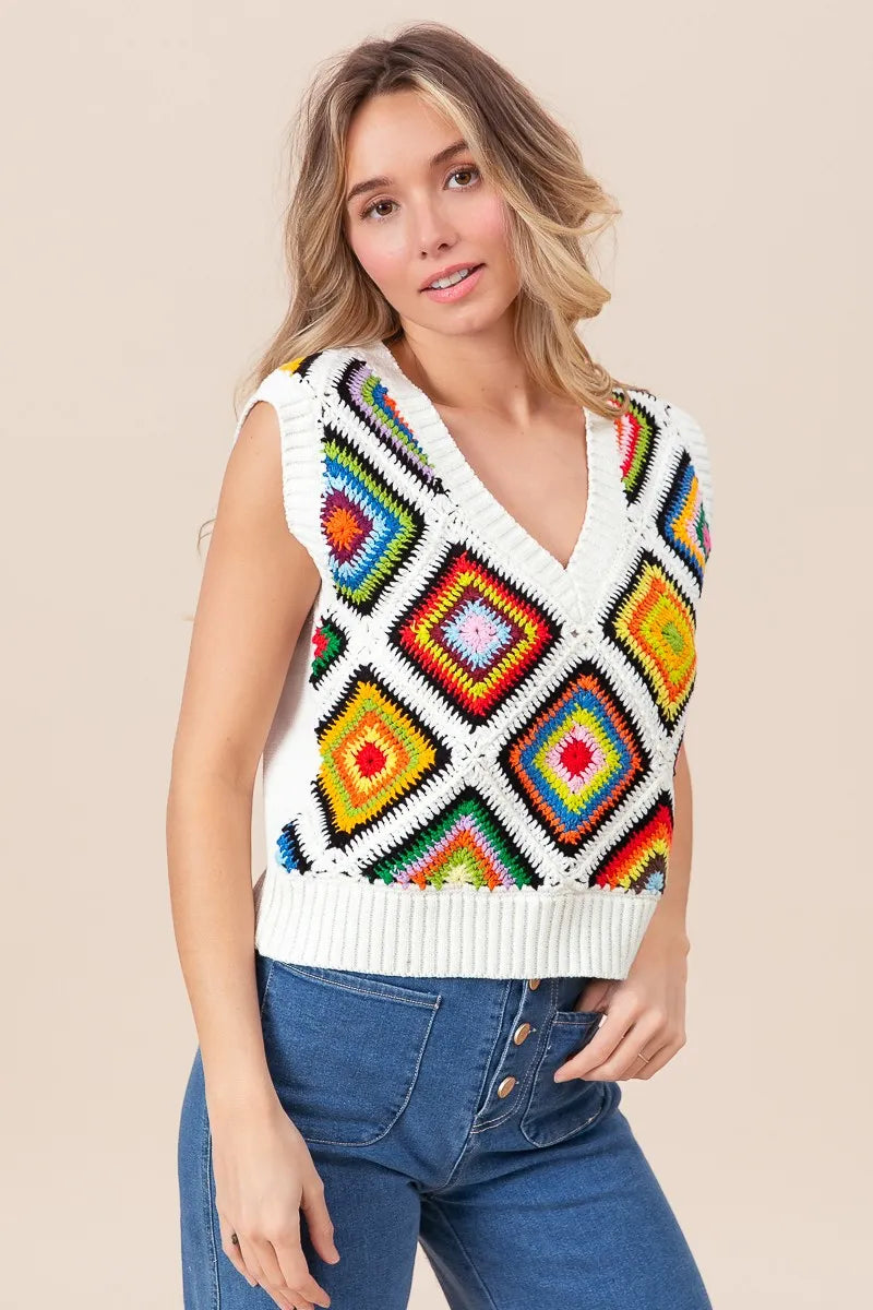 BiBi Diamond Granny Square Sweater Vest - Velora Luxury Fashion