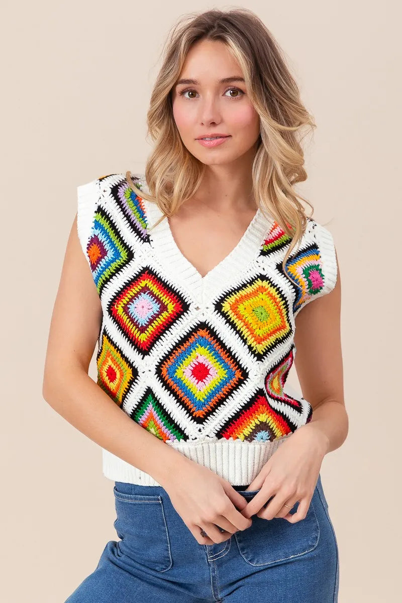 BiBi Diamond Granny Square Sweater Vest - Velora Luxury Fashion