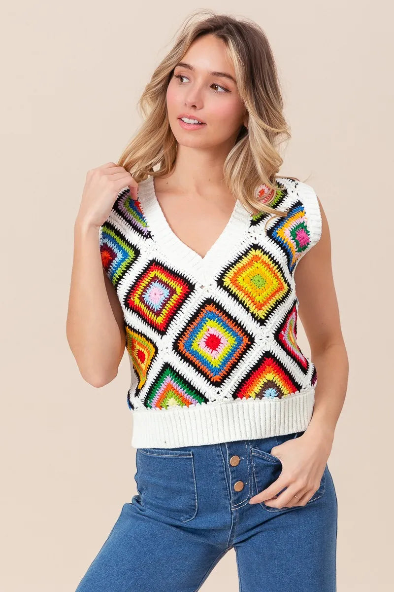 BiBi Diamond Granny Square Sweater Vest - Velora Luxury Fashion