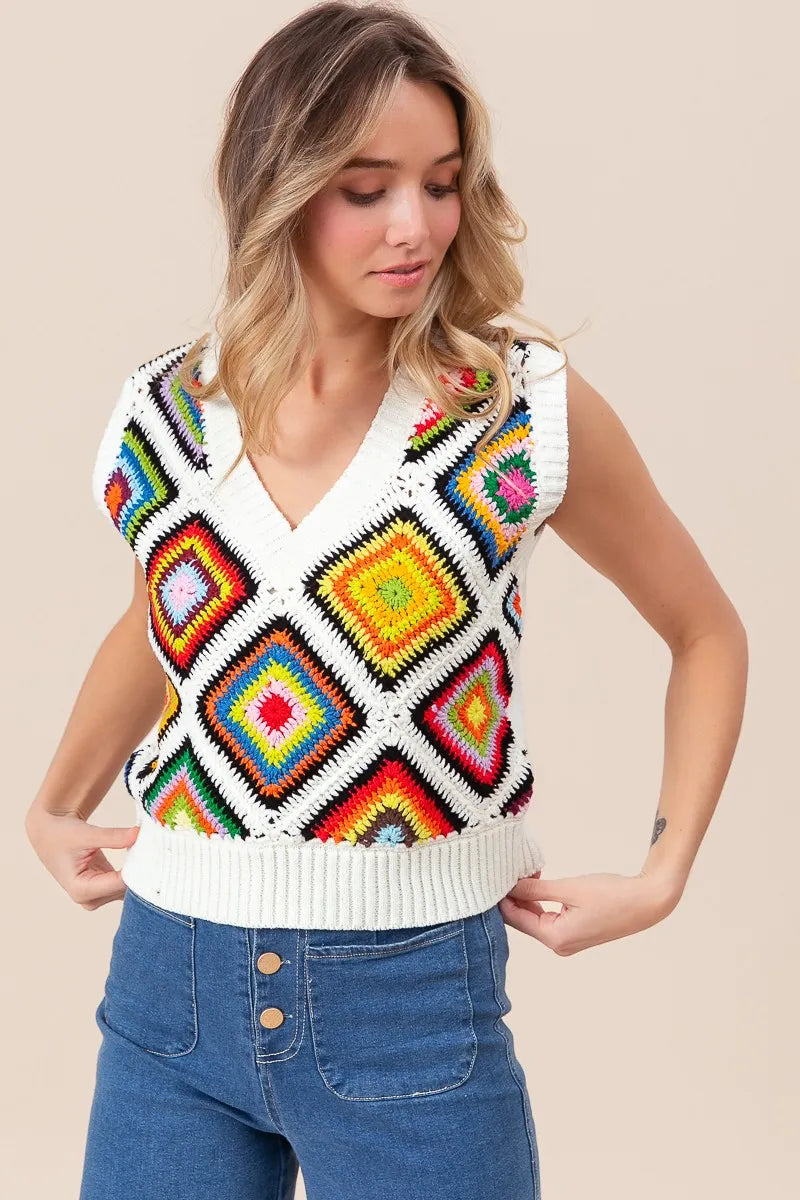 BiBi Diamond Granny Square Sweater Vest - Velora Luxury Fashion