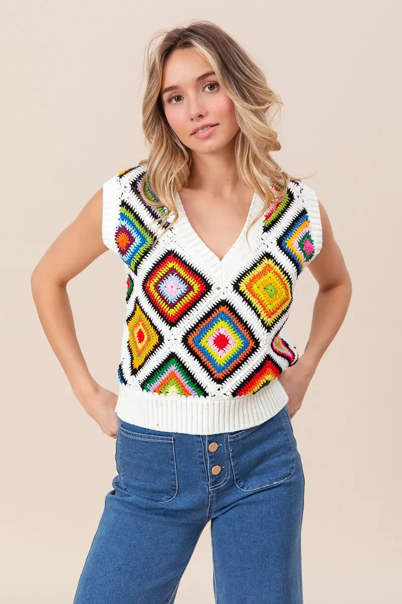 BiBi Diamond Granny Square Sweater Vest - Velora Luxury Fashion