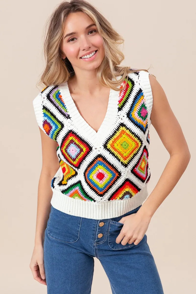 BiBi Diamond Granny Square Sweater Vest - Velora Luxury Fashion