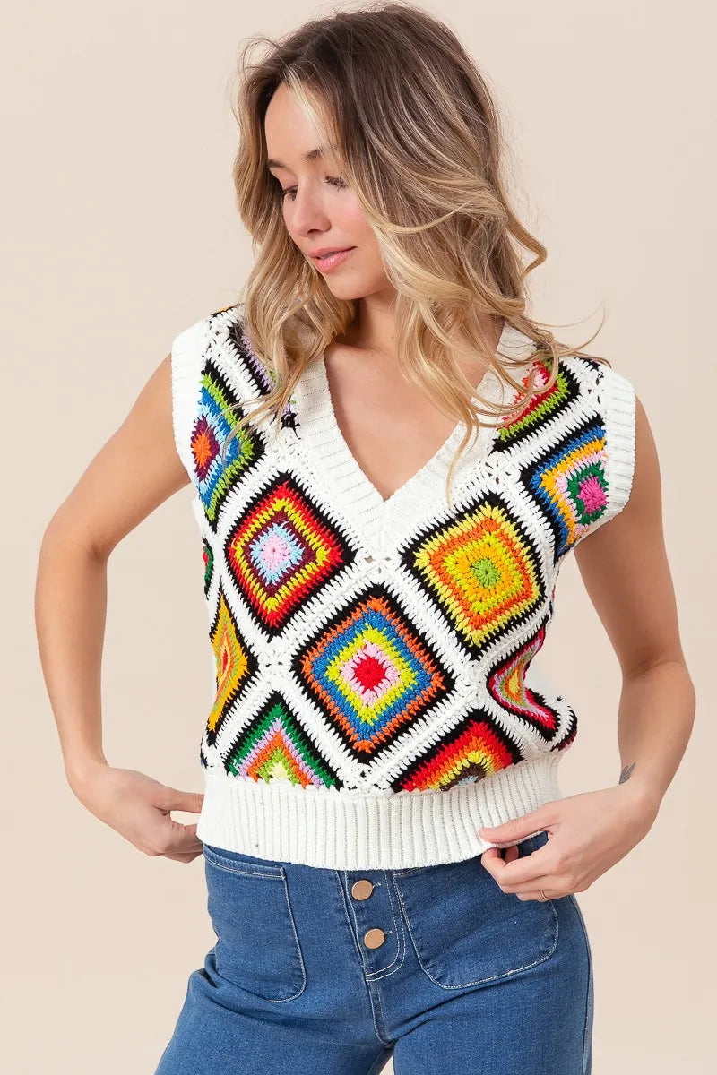 BiBi Diamond Granny Square Sweater Vest - Velora Luxury Fashion