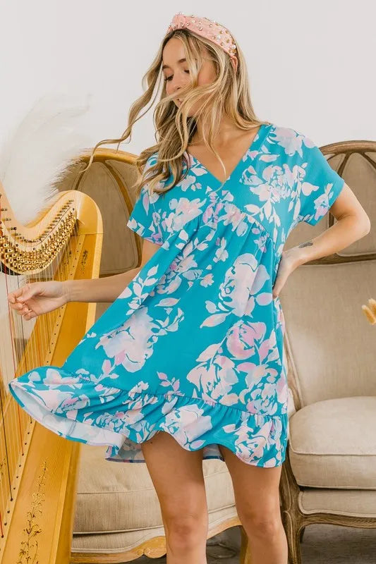 BiBi Floral Crinkle Shirred Ruffle Detail V Neck Dress - Velora Luxury Fashion