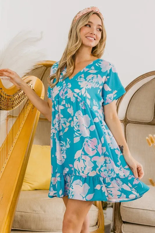 BiBi Floral Crinkle Shirred Ruffle Detail V Neck Dress - Velora Luxury Fashion