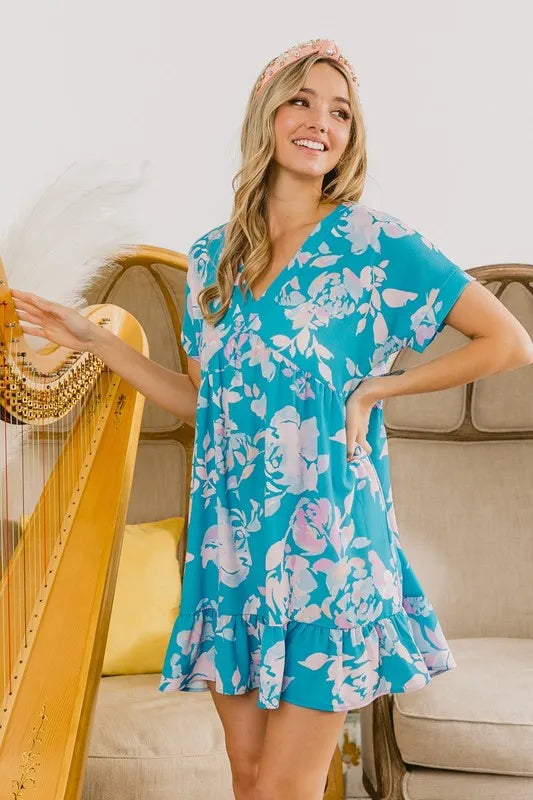 BiBi Floral Crinkle Shirred Ruffle Detail V Neck Dress - Velora Luxury Fashion