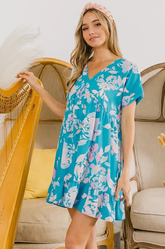 BiBi Floral Crinkle Shirred Ruffle Detail V Neck Dress - Velora Luxury Fashion