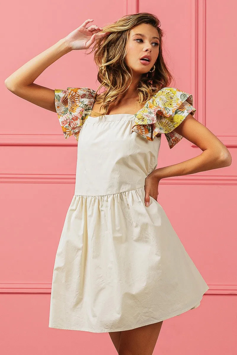 BiBi Flower Embroidered Floral Print Sleeve Dress - Velora Luxury Fashion