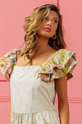 BiBi Flower Embroidered Floral Print Sleeve Dress - Velora Luxury Fashion