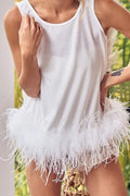 BiBi French Terry Faux Feather Bottom Back Tied Top - Velora Luxury Fashion